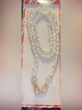 Pearl Beaded Lanyard Strap with Gold Hardware
